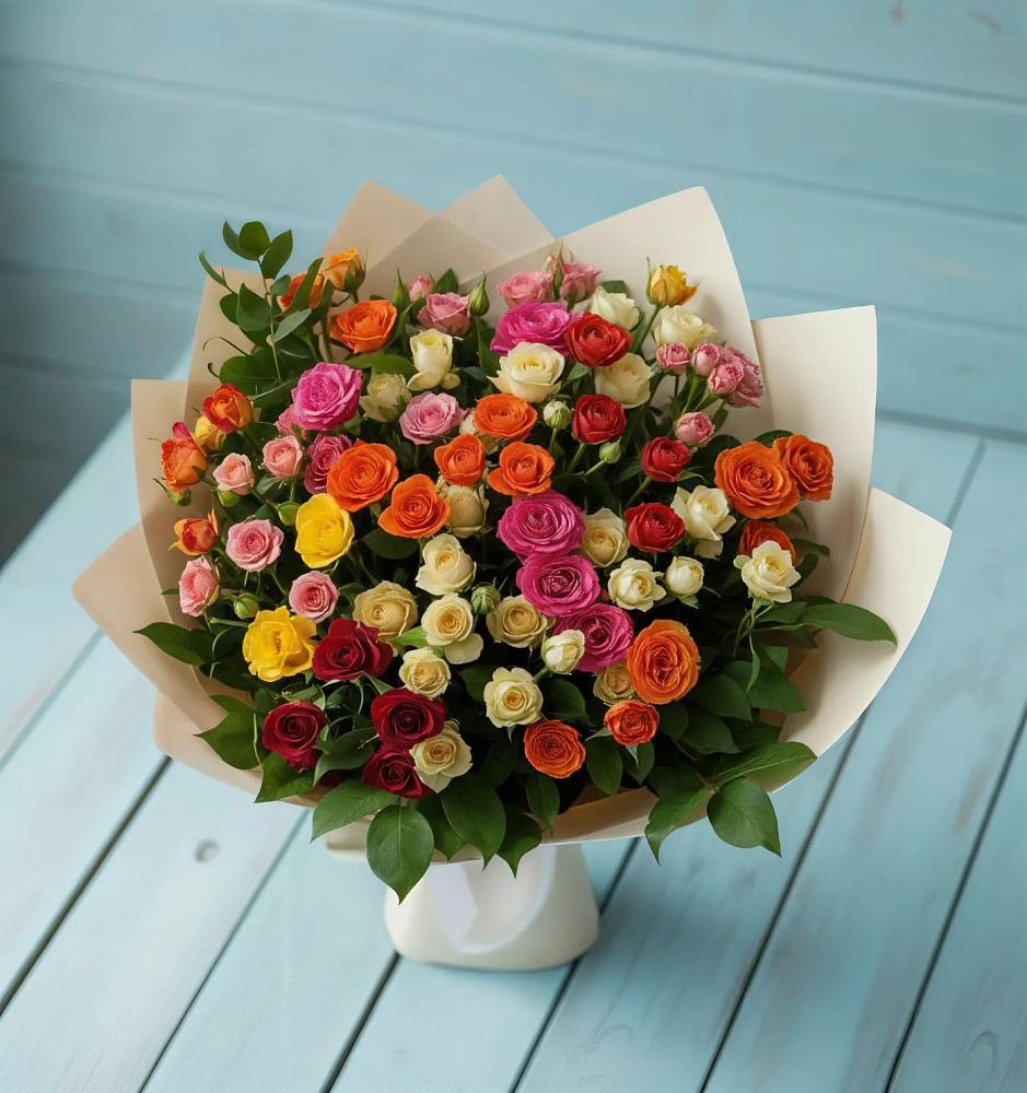 Букет Микс из разноцветных кустовых роз в Днепровской