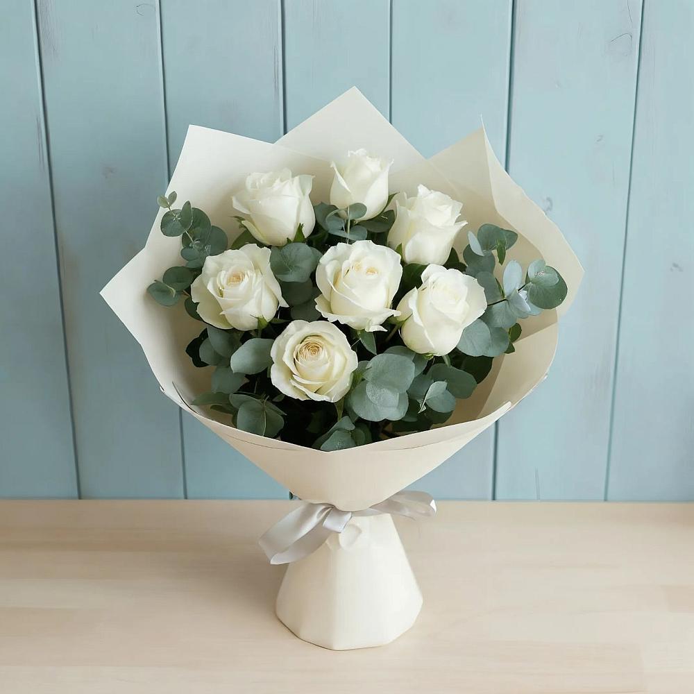 Букет Белые розы в Эвкалипте в Днепровской