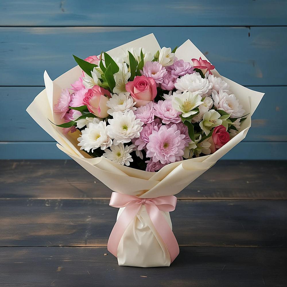 Букет цветов из: Хризантемы, Альстромерии и Розы в Днепровской